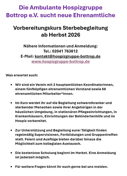 Vorbereitungskurs Sterbebegleitung<br />
ab Herbst 2026<br />

