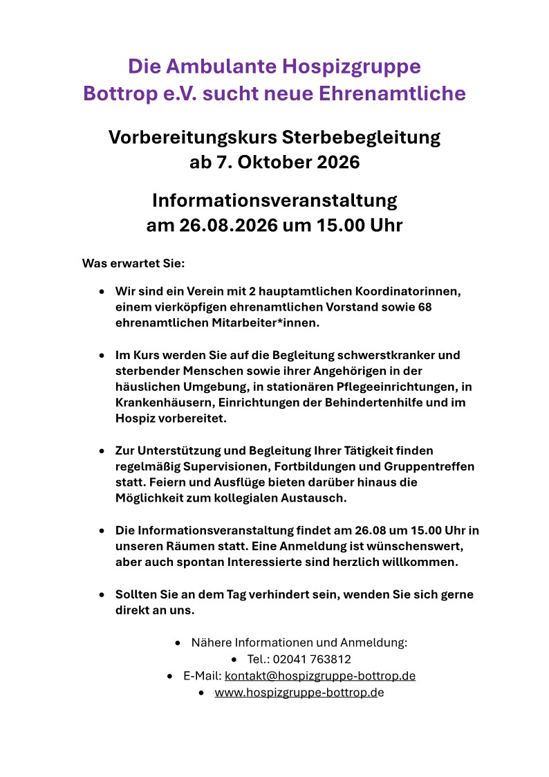 Vorbereitungskurs Sterbebegleitung<br />
ab Herbst 2026<br />
