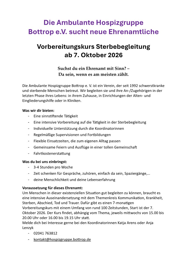 Vorbereitungskurs Sterbebegleitung<br />
ab Herbst 2026<br />
